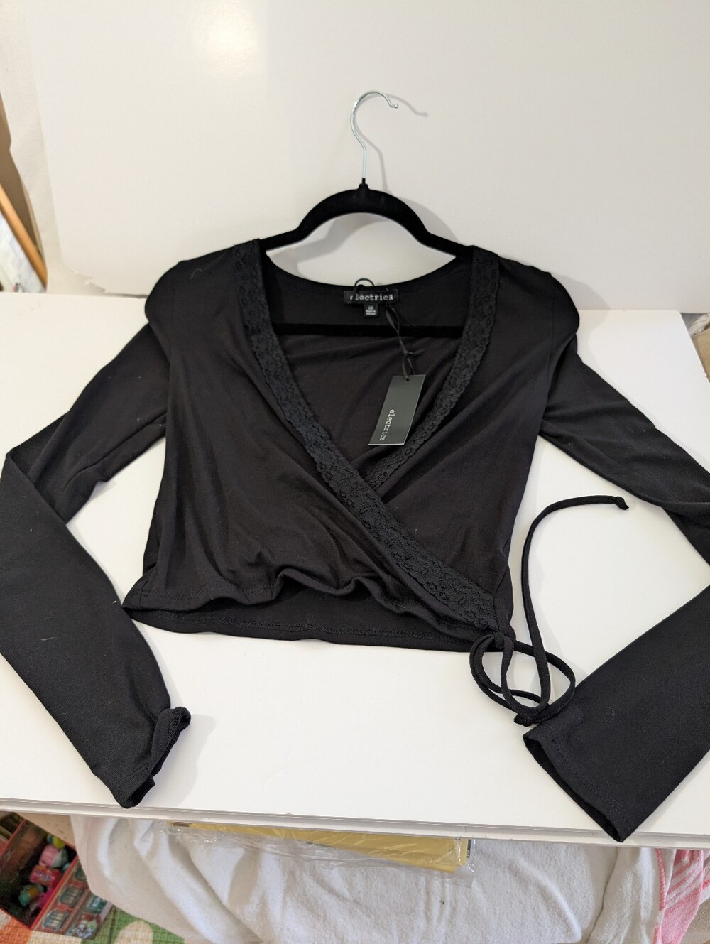 Electrica Black Wrap-Style Long Sleeve Crop Top